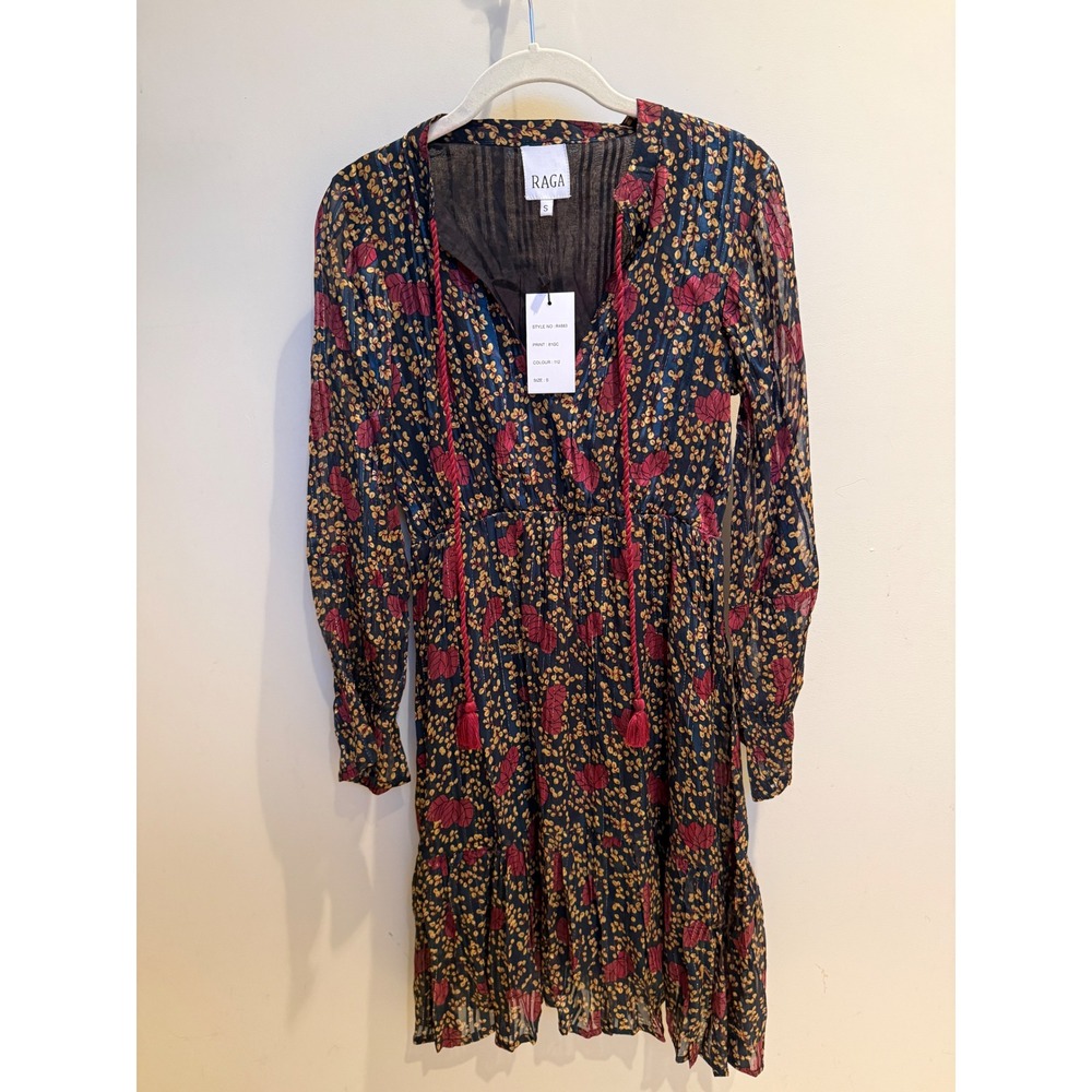 Raga Womens Floral Metallic Stripe‎ Long Sleeve V-Neck Mini Dress Navy Blue S